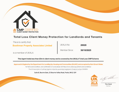 Boothman Property Associates Client Money Protection certificate
